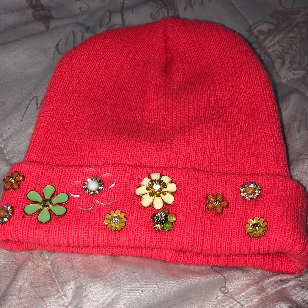 pink Beanie with flower pins